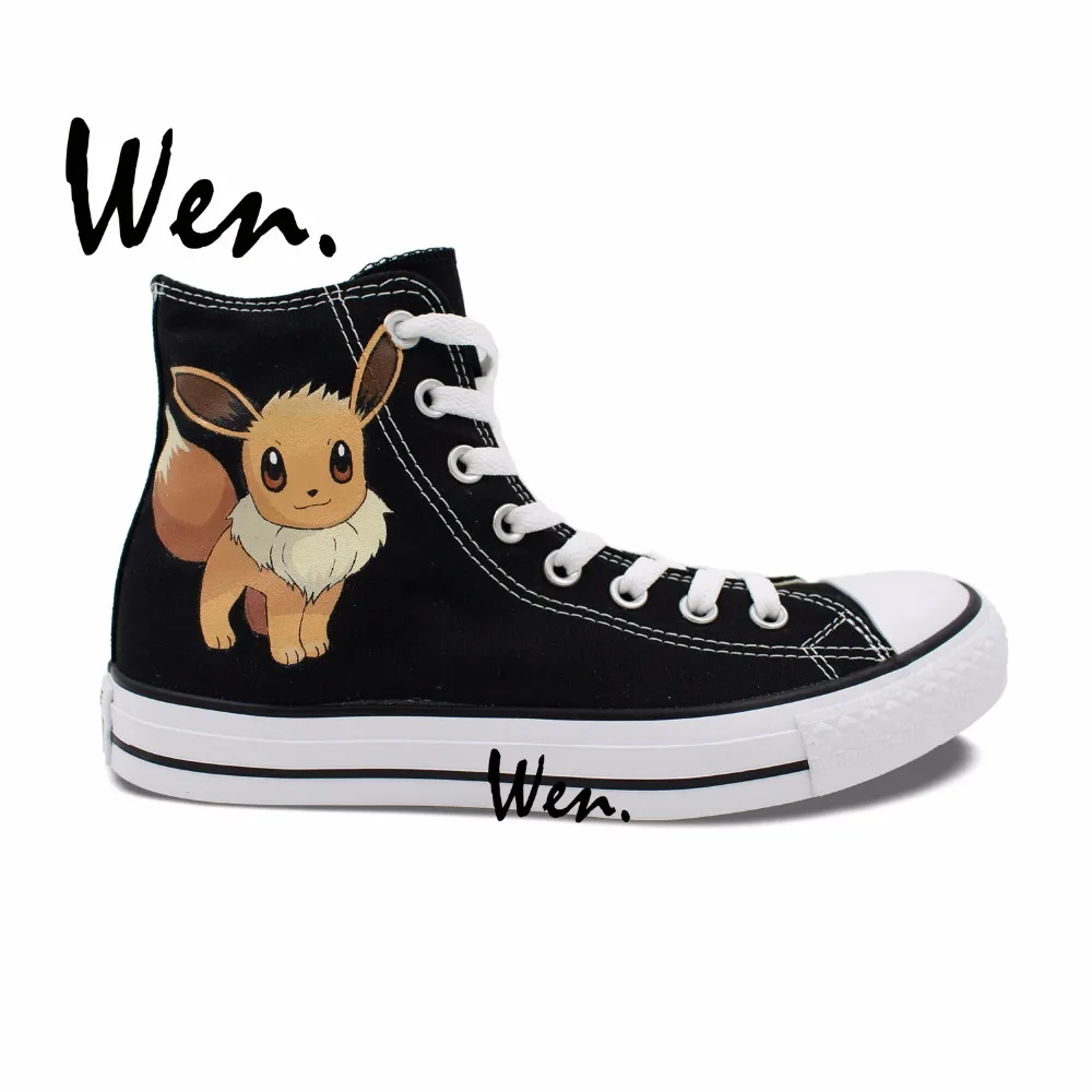 Wen Hand Painted Black Casual Shoes Custom Design Pokemon Eevee Pocket Monster Anime High Top Men