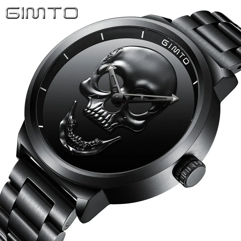 Punk Creative Skull Black Men Watches GIMTO Stylish Waterproof Stainless Steel Casual Quartz Sport Wristwatch for Men Retro Gift