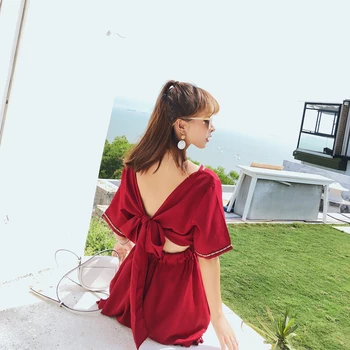 

MUMUZI Women Sexy Bodysuit back bow bandage Hollow Out Solid Base Shirt Bodysuits V Neck Women Tops Backless Slim Rompers