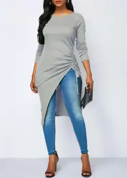 

New Women Long Sleeve Casual High Split T-Shirt Asymmetrical Hem Tops Long T-Shirts