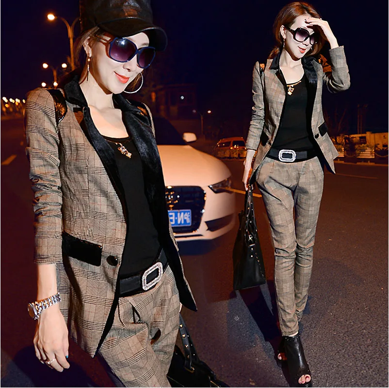 

autumn/winter fashion suits female han edition grid two-piece/1set women elastic high-grade cotton small suit jacket