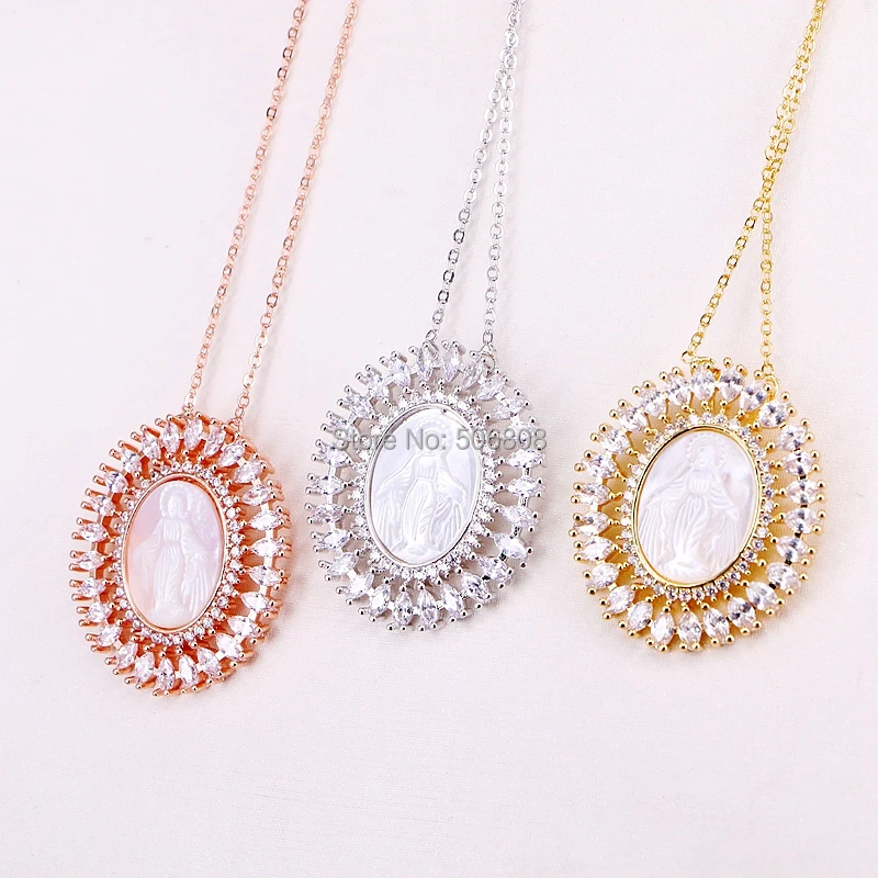 

5 Strands ZYZ185-8828 Oval shape CZ Micro Pave Zirconia Natural White MOP Shell Carved Jesus Pendant Fashion Necklace