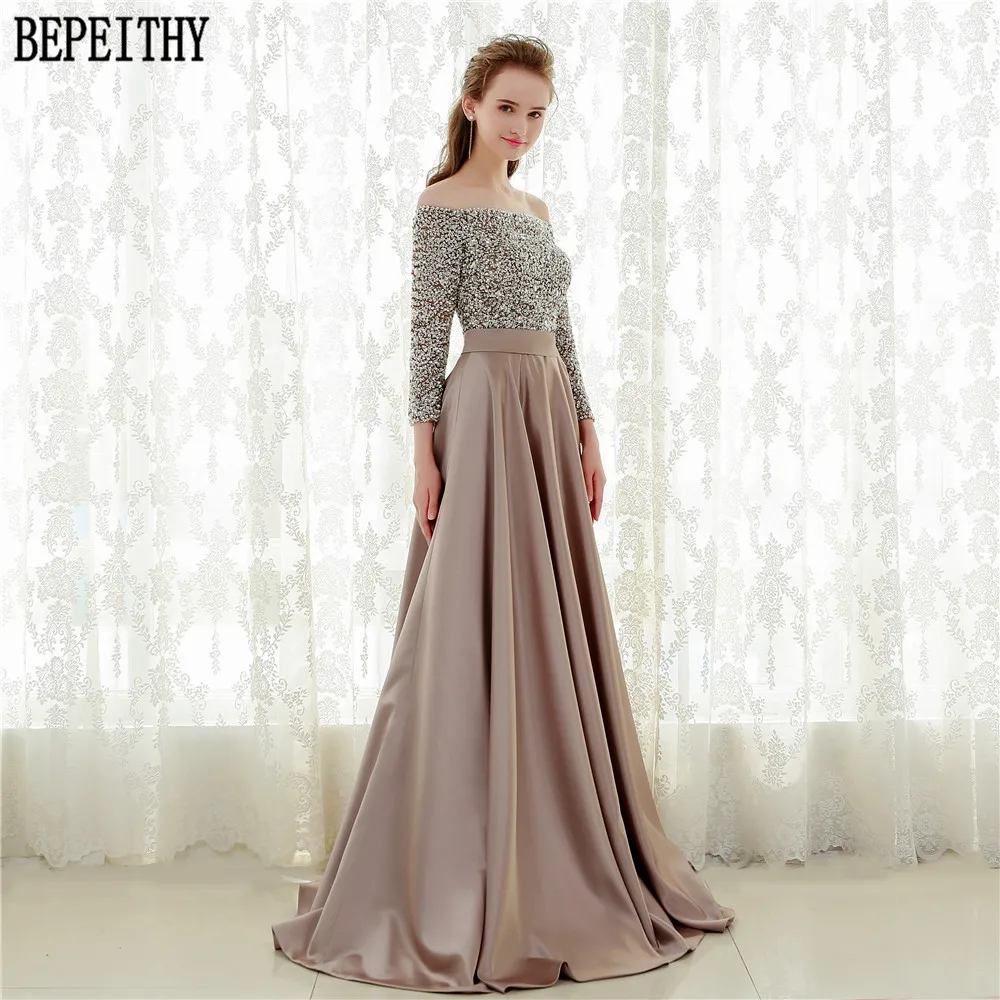 BEPEITHY Robe De Soiree Off The Shoulder Three Quarter Sleeve Bead 2019 Vestido Longo Evening Dress Long