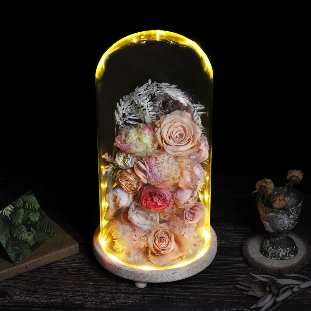 Preise Tabletop Display Glas Dome Cloche Abdeckung Decor Trockenen Blume Ornamente Handgemachte Handwerk Glocke Glas Holz Farbe Basis mit Füße LED licht