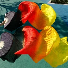 Высокое качество Танец Живота Шелковые вентиляторы ручной работы окрашенный натуральный шелк 1 пара фанатов танца живота черный+ красный оранжевый+ желтый