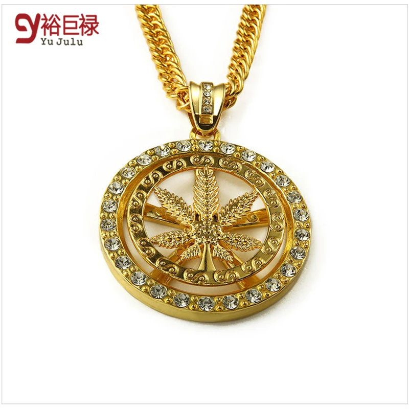 New! High Quality Hemp Leaf Can Rotate Pendant Necklace Fashion HipHop Ci TY Boy Accessories Silver 90cm Long Chain Men Jewelry