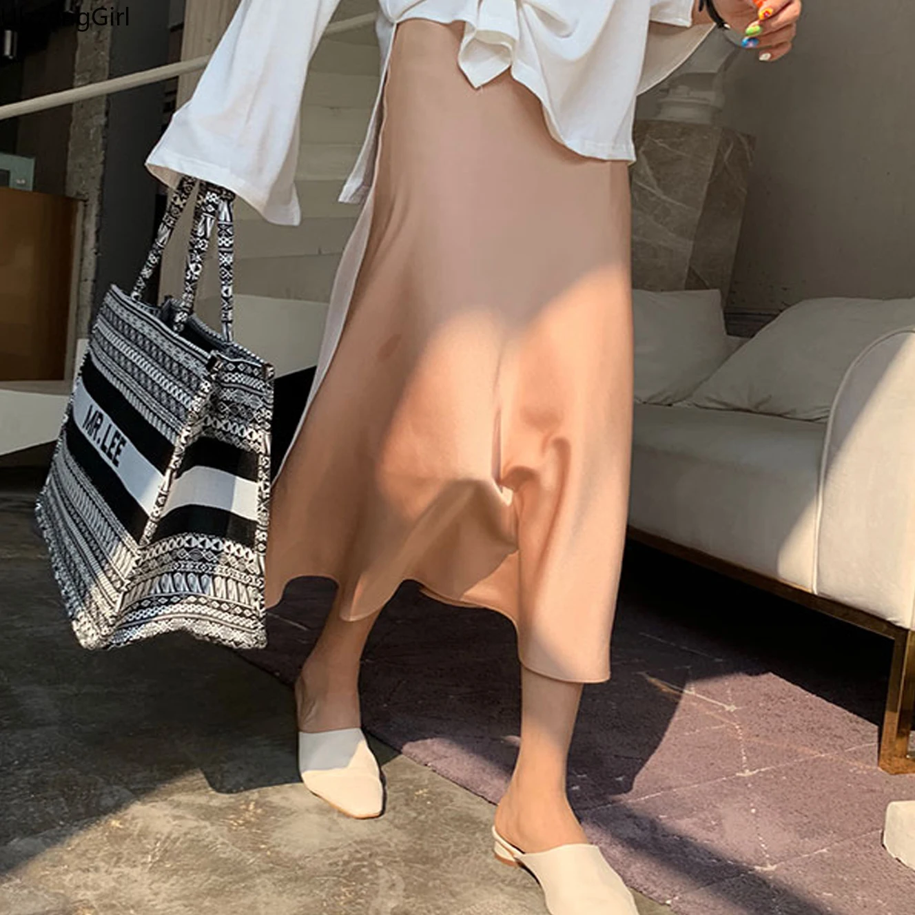 

Pink White High Waist Slim Elegant A-Line Midi Long Skirt Summer Korean Women Ladies Sexy Office OL Fashion Bright Satin Silk