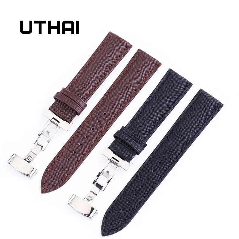 

UTHAI B02 Watch Black Watchbands Leather Strap Watch Band 18mm 20mm 22mm Foldable Clasp Wristband Watch Accessories Wristbands