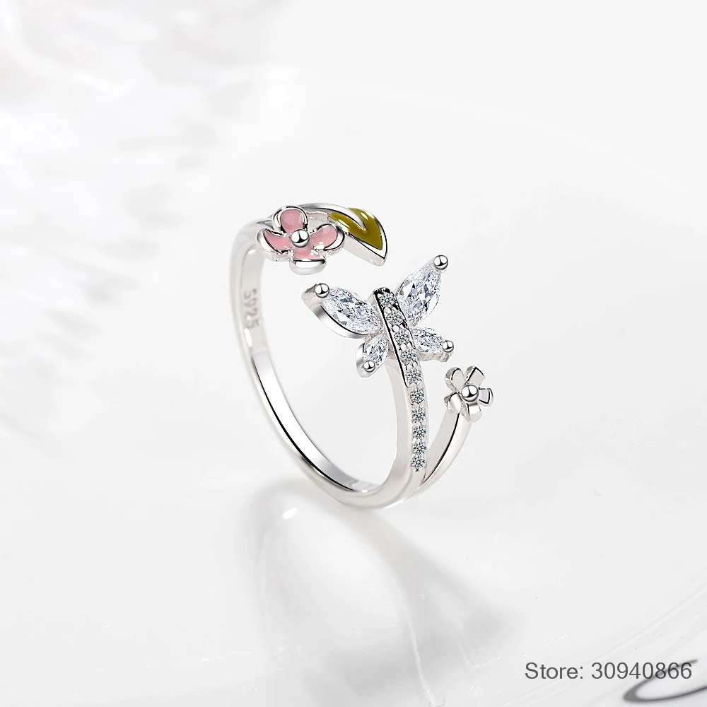 LEKANI Новый Мода 100% Серебро 925 пробы Любовь Бабочка розовый цветок открытым кольца для женщин Свадебные серебряные ювелирные украшения