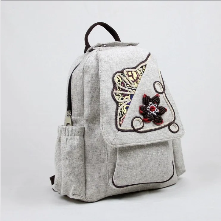 Fashion National String Appliques Women Shopping backpacks!Nice Floral Embossing lady backrack All-match Vintage Canvas backruck