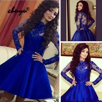 

Royal Blue Lace Homecoming Dresses Long Sleeves Appliques Illusion Cocktail Dresses Mini Prom Gown vestidos de graduacion Dress