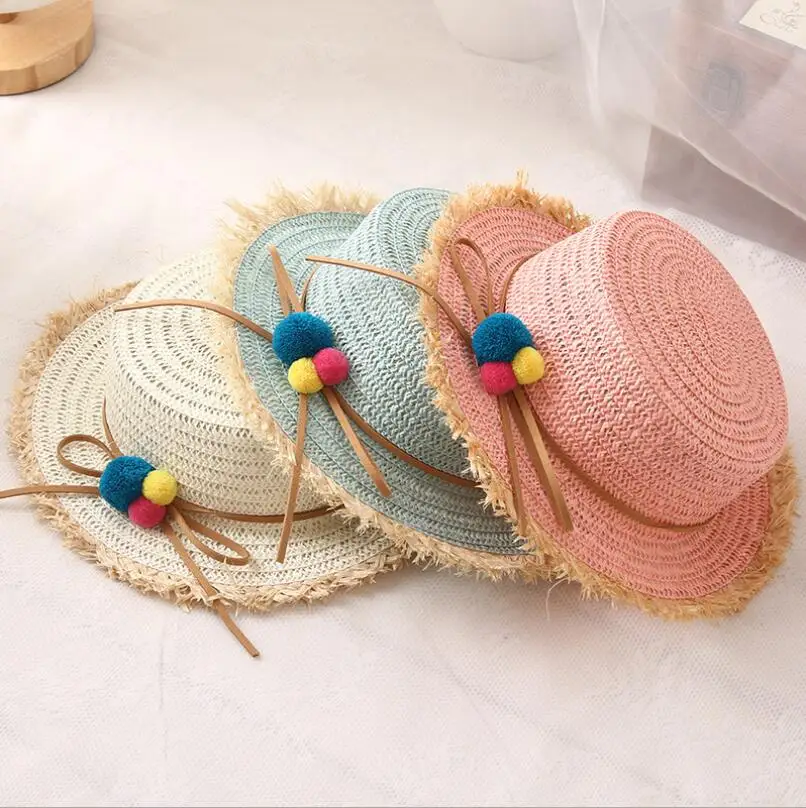جميل الطفل قبعات للحماية من الشمس الصيف اللون الكرة bowknot نمط الطفل قبعة الشمس فتاة مرن واسعة بريم شاطئ كاب زهرة قبعات من القش 51- 54 سنتيمتر