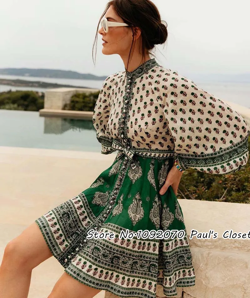 

Women Blouson Sleeves Green Paisley Emerald Buttoned Mini Dress