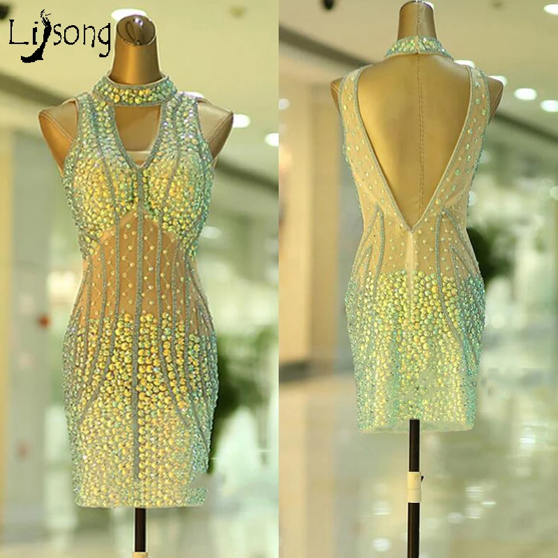 Crystal Beading Sheath Mini Prom Dress Womens Custom Made Rainbow Sparkling See through Party 