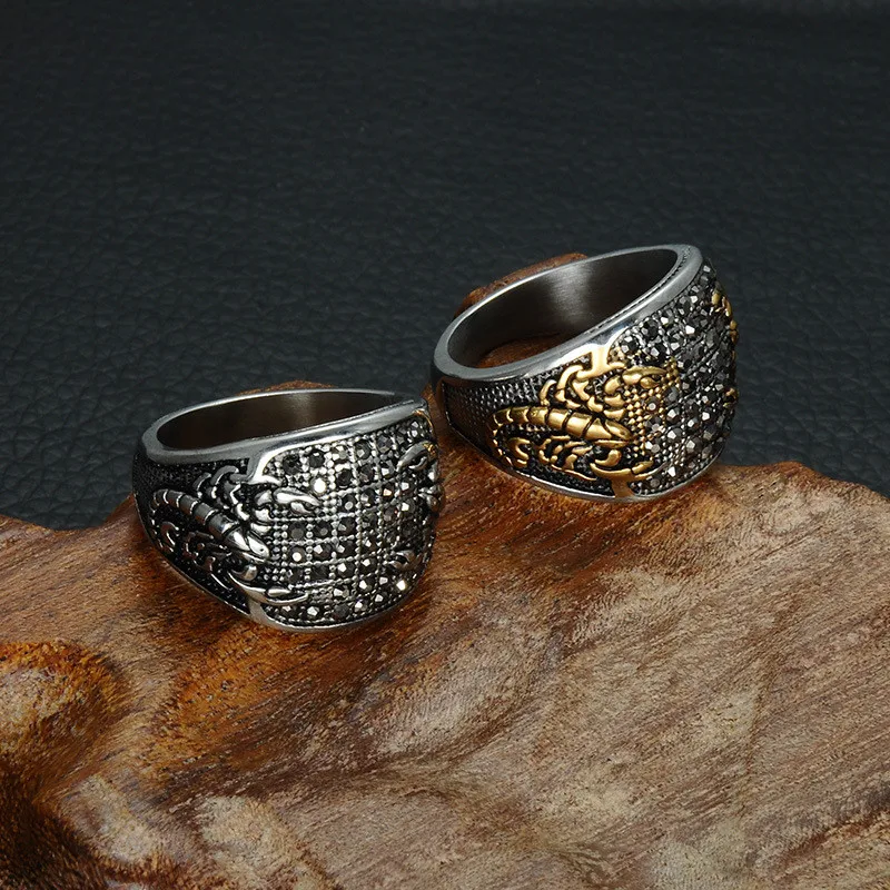 Панк Винтаж черный кристалл скорпион узор для мужчин s кольцо золото цвет круглый нержавеющая сталь титан кольца для мужчин ювелирные изделия
