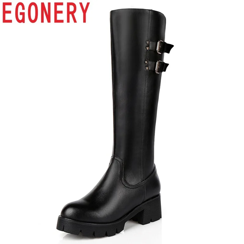 

EGONERY shoes women high quality genuine leather round toe med square heel platform zipper metal buckle decoration high boots