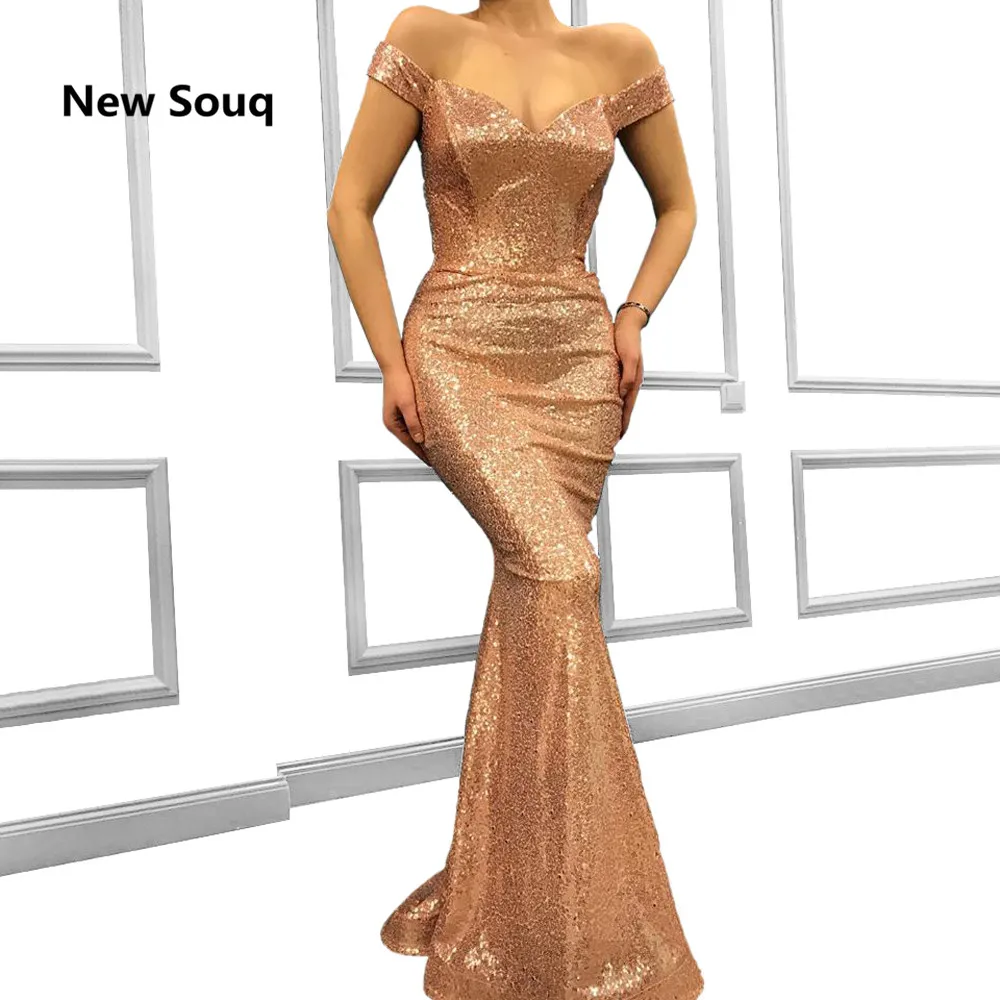 Fashion Rose Gold Sequins Prom Dresses Off The Shoulder Sleeveless