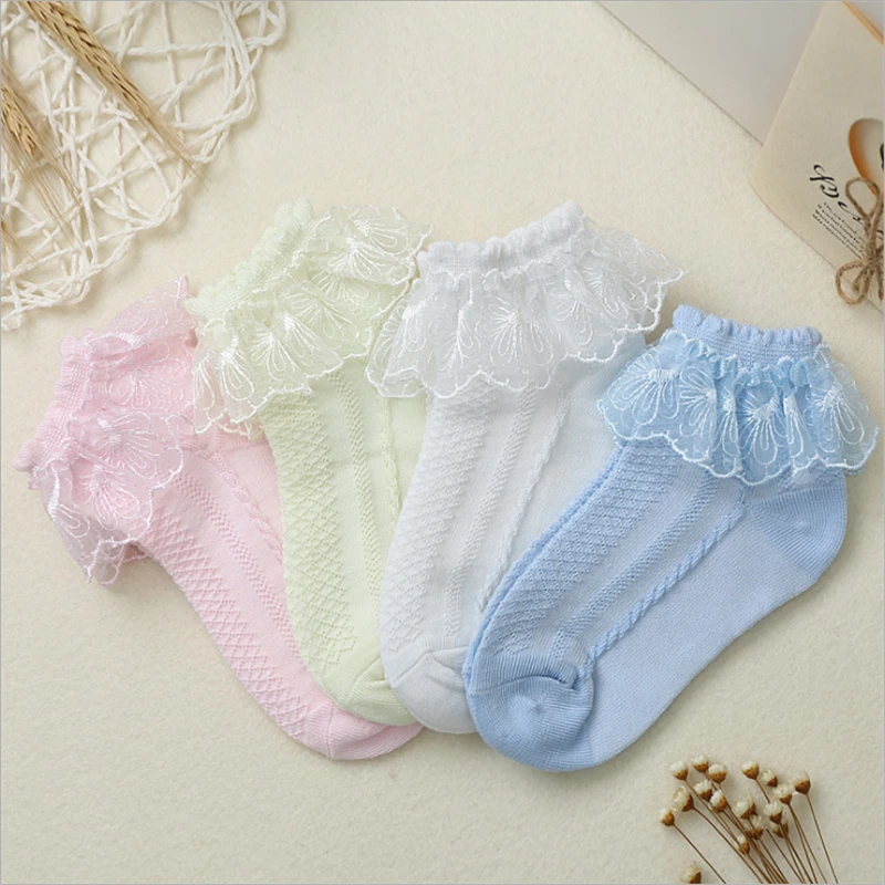 

5pairs/lot Girls Socks for Children Kids Mesh Style Baby Princess Ankle Sock White Pink with Trendy Ruffle Lace Summer Spring