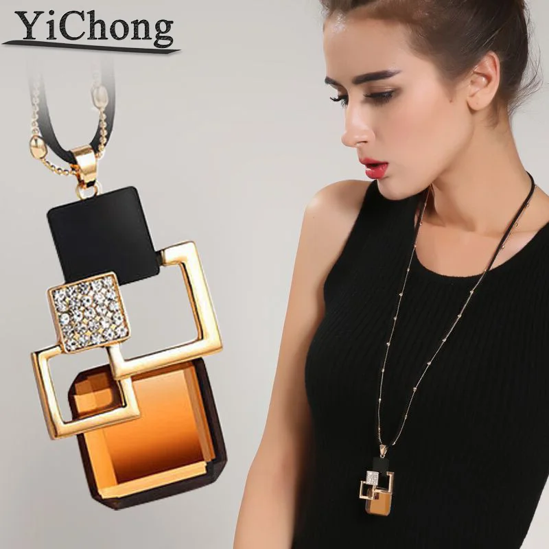 

2019 fashion personality Silver color Hollow Geometric Big Crystal long Pendant Necklace Fine Jewelry for women Sweater chain