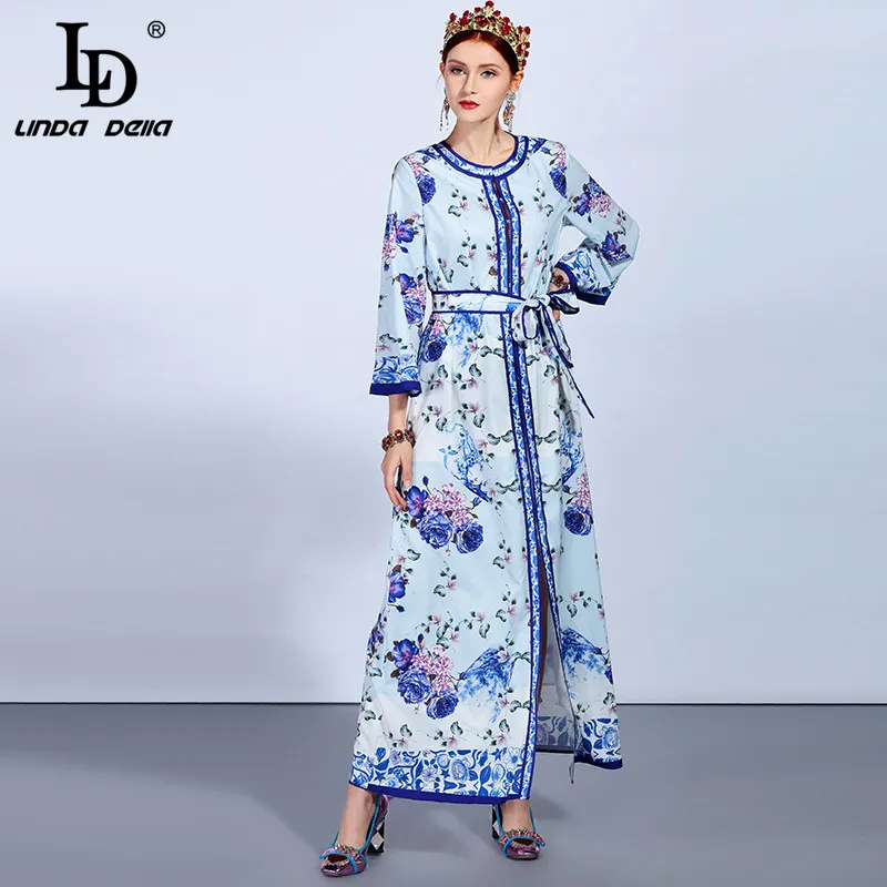 

LD LINDA DELLA Spring Runway Fashion Maxi Dresses Women's Long Sleeve High Split Floral Printed Loose Long Dress