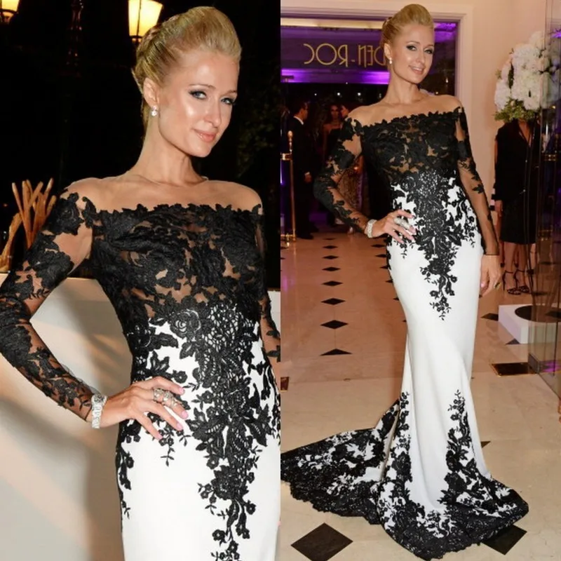 

Boat Neck Mermaid Ivory Prom Dresses with Black Appliques Embroidery Long Sleeve Sexy Evening Party Gown for Women Long Train