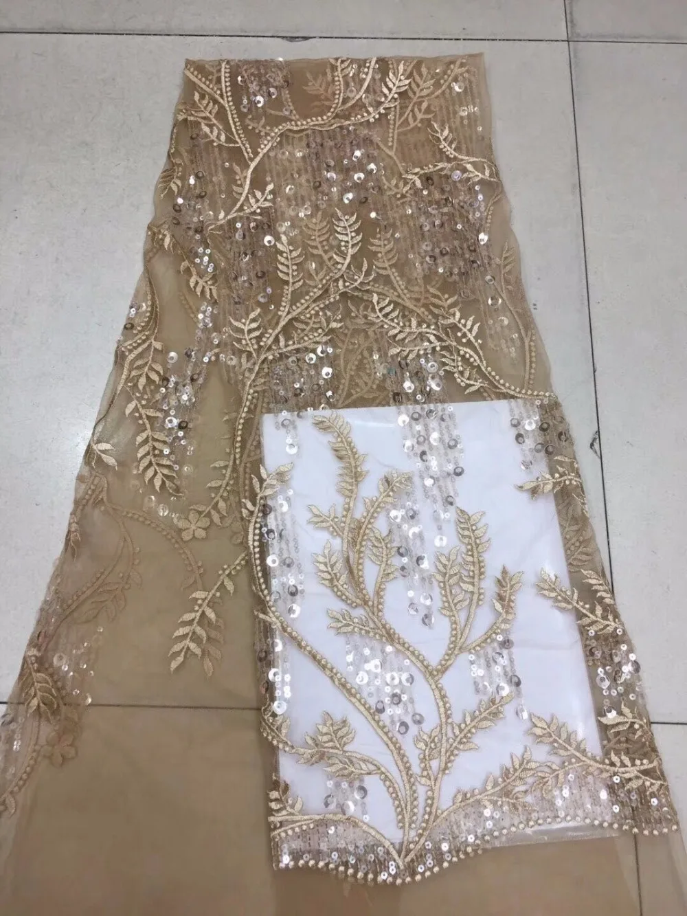 

gold Color Dubai French Tulle Lace Fabric with Sequin good quality 5 yards Shiny Mesh Net Lace Material For Dress Garment