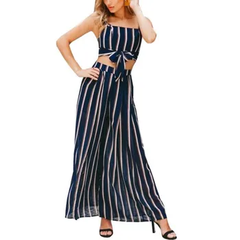 

Sexy Two Piece Sets Women Stripe Tank Top Wide Leg Pants Female Bow Crop Top Shirts Loose Long Trousers 2 Piece Sets