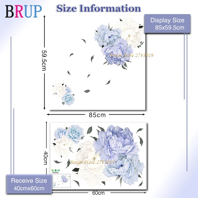 Большие размеры, красивые настенные наклейки с голубым цветком Poeny для гостиной, настенные наклейки для детской комнаты, фрески, украшения для дома, Декор, фреска