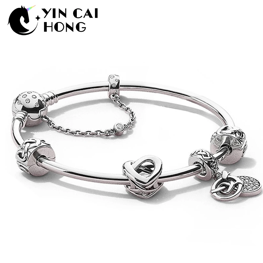

YCH 100% 925 Sterling Silver ZT0300 Heart Interweaving Mother's Day Strings Charm Bracelet Gift Set Vintage Jewelry