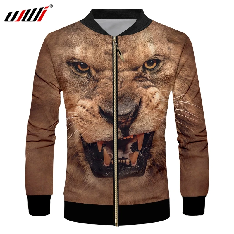 

UJWI Men's Autumn Loose Coat Brown Animal Tiger Zip Jacket 3D Printed Plush Pattern Plus Size 5XL Clothing