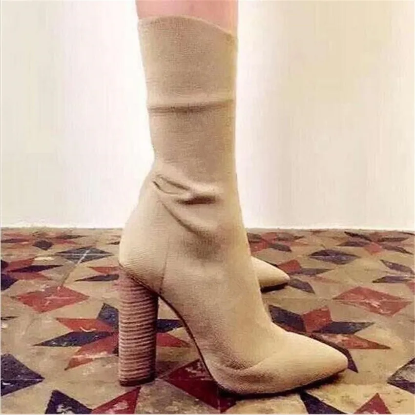 Fashion Stretch Fabric Short Booties Chunky High Heel Shoes Woman Pointed Toe Ankle Boots Knit Sock Botines Mujer Women Pumps