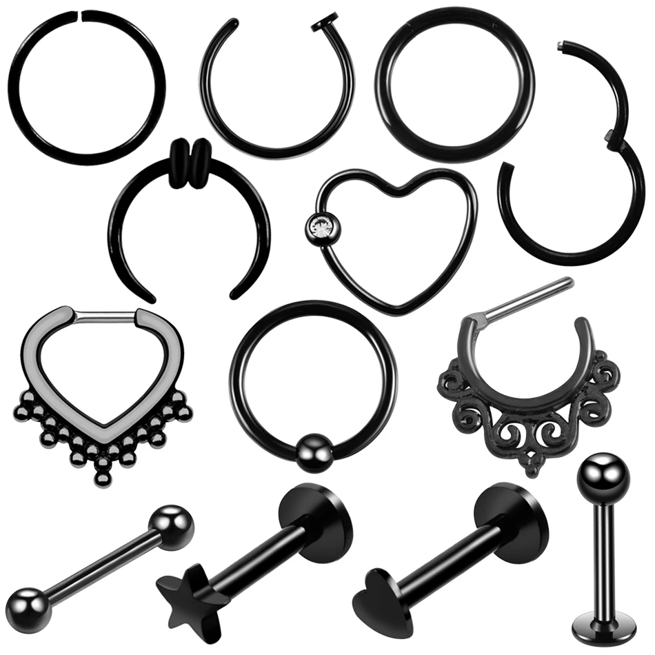 

1PC Steel Black Seamless Hinged Nose Hoop Septum Clicker Piercings Heart Star Lip Labret Ring Ear Cartilage Tragus Sexy Jewelry