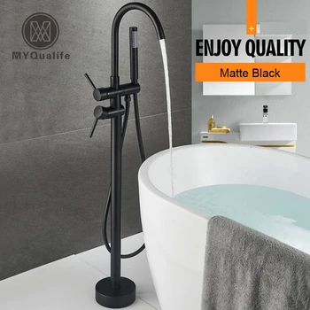 

Matte Black Floorstanding Bathtub Faucet Set Dual Ceramic Handle Floor Mounted Claw Foot Bath Tub Mixers Swive Spout Tub Faucet