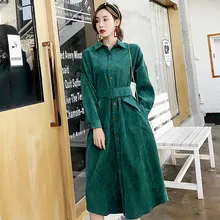 Corduroy Retro 2018 Autumn And Winter Knee-Length Lantern Sleeve Turn-down Collar Solid Dress Vintage Pockets Empire Waist Dress Corduroy Retro 2018 Autumn And Winter Knee-Length Lantern Sleeve Turn-down Collar Solid Dress Vintage Pockets Empire Waist Dress