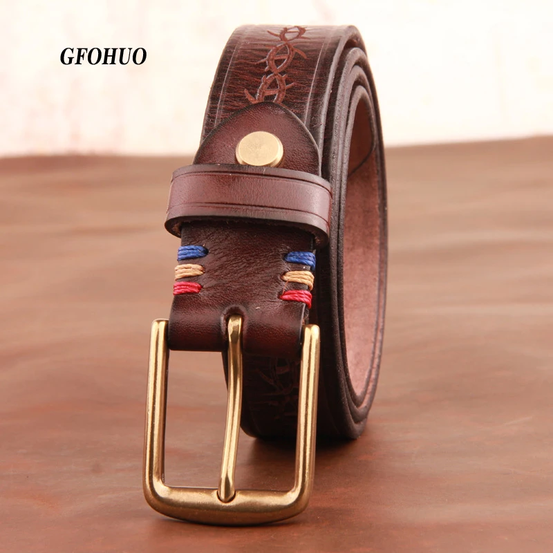 men belt for jeans cowskin leather solid Copper Pin buckle belts for