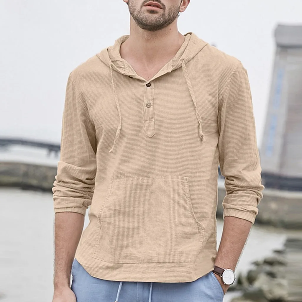 

WHooHoo Men's Baggy Cotton Linen Pocket Striped Hooded Long Sleeve Retro T Shirts Tops Summer t-shirt Tops dos homens#40