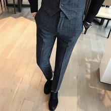 Left ROM 2018 New Groom Wedding Dress Plaid Suit Pants Men’s Formal Casual Business Suit Pants Trousers Men’s Slim Leisure Pants