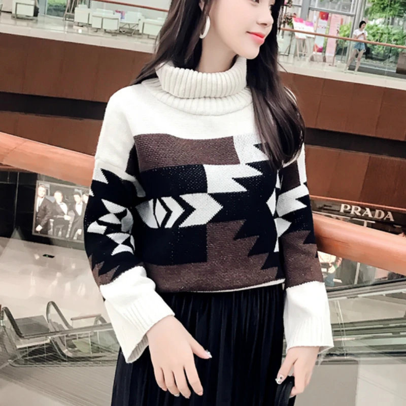 Women Loose Geometric Turtleneck Sweater Girls Fashion Top | Женская одежда