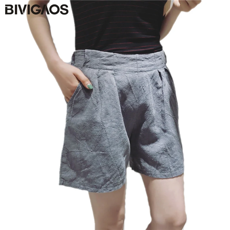 

BIVIGAOS 2019 Summer New Womens Casual Loose Shorts Cotton Linen Wide Leg Shorts High Waist Short Shorts Women Short feminino