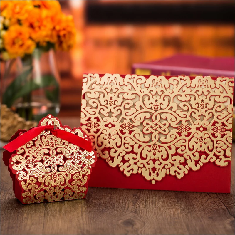 

Gold Wedding Invitation Cards 2016 Laser Cutting Red Card Invitations for Wedding Event Party Supplies Convites Casamento