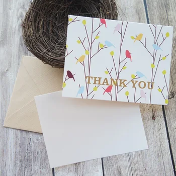 

12set gold Word theme spring forest bird thank you Card message cards greeting card wedding Party Invitation with envelope