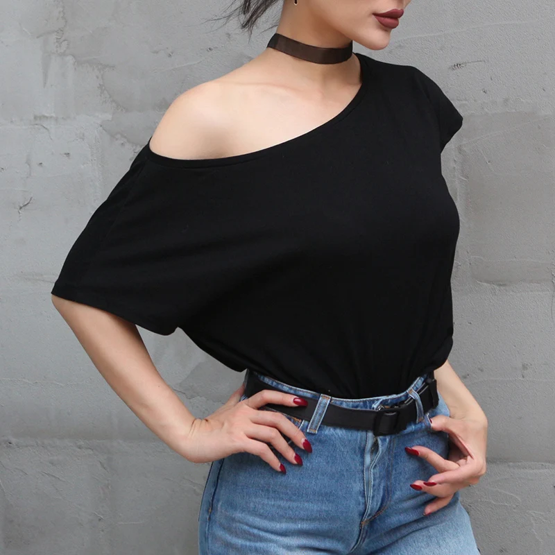 2017 Yaz Temel Tipi Kapalı Omuz Bir Tarafı Tee Kadın Batwing Kollu Gevşek Tipi Örme Pamuk Tişört Bir Boyut Altı renkler