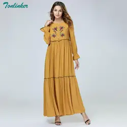 Tonlinker цветочной вышивкой Для женщин длинное платье осень 2018 макси платья с длинным рукавом желтый драпированные лоскутное элегантный