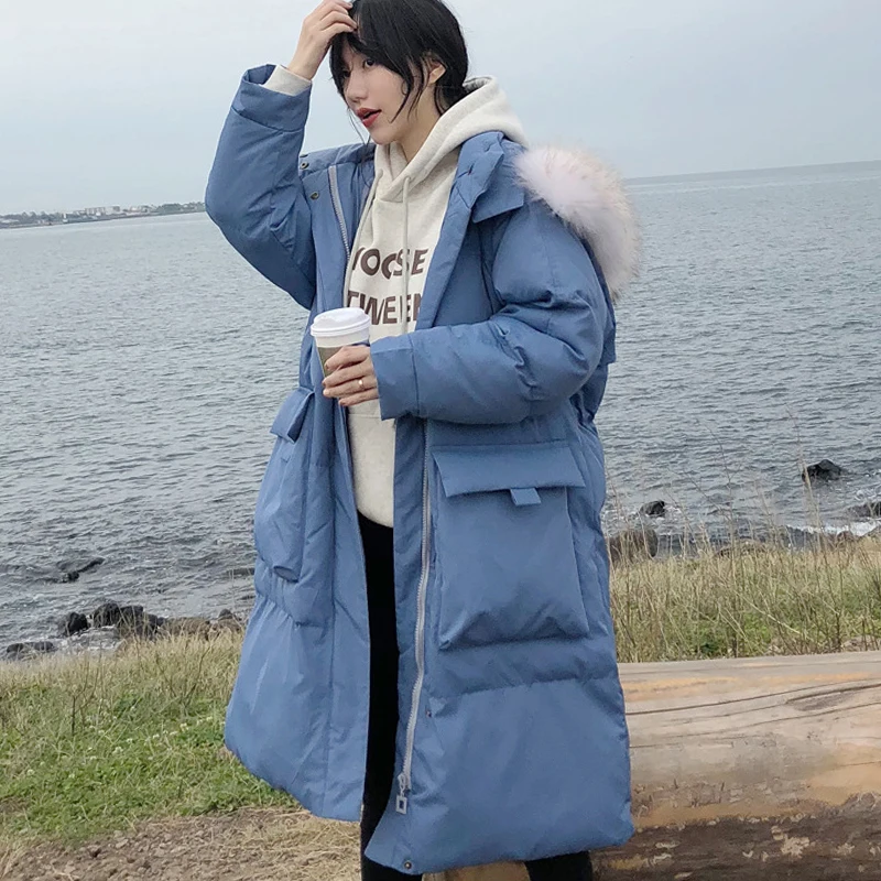 Женская зимняя куртка белое пальто горячий стиль мех с капюшоном размера плюс Модные Длинные пуховики из хлопка женские топы HJ204 - Цвет: Blue