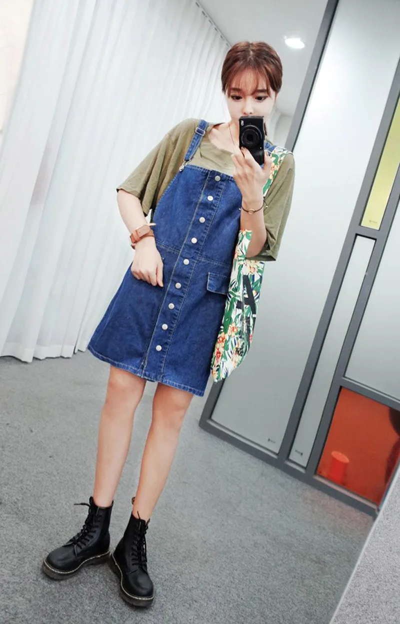 

2019 Summer Womens Suspenders Skirt Denim Knee-Length Short Skirt Overalls
