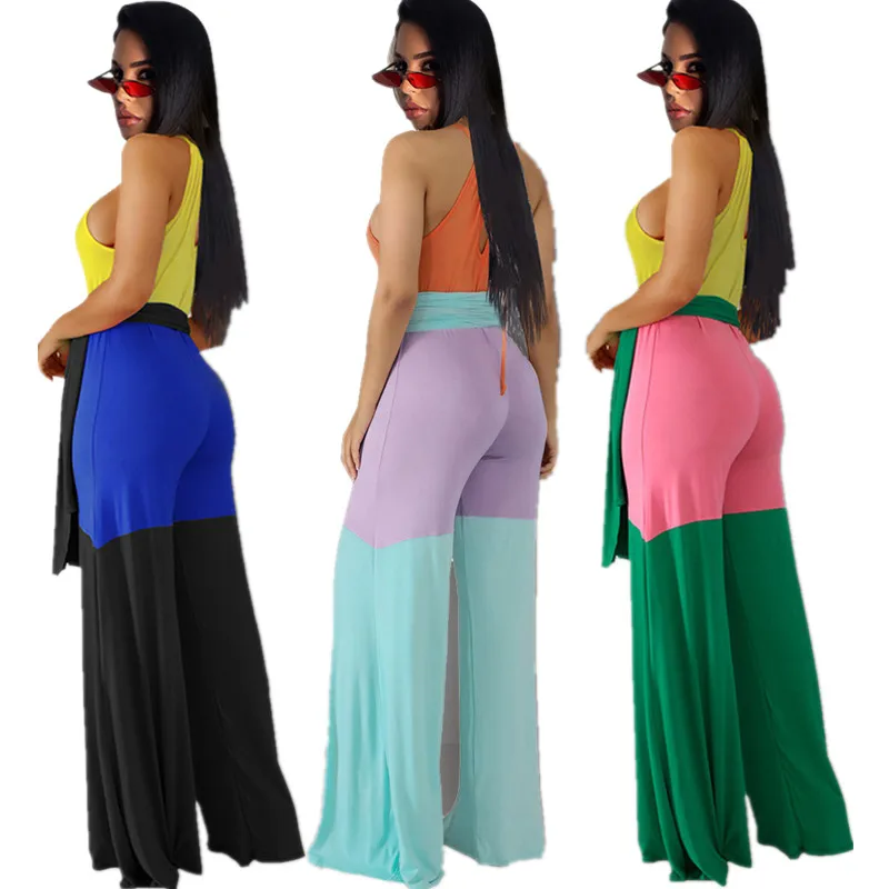 

Summer Women's Three-color Stitching Jumpsuit Fashion Patchwork Casual Jumpsuit Backless Halter Straight Type Loose Comfortable