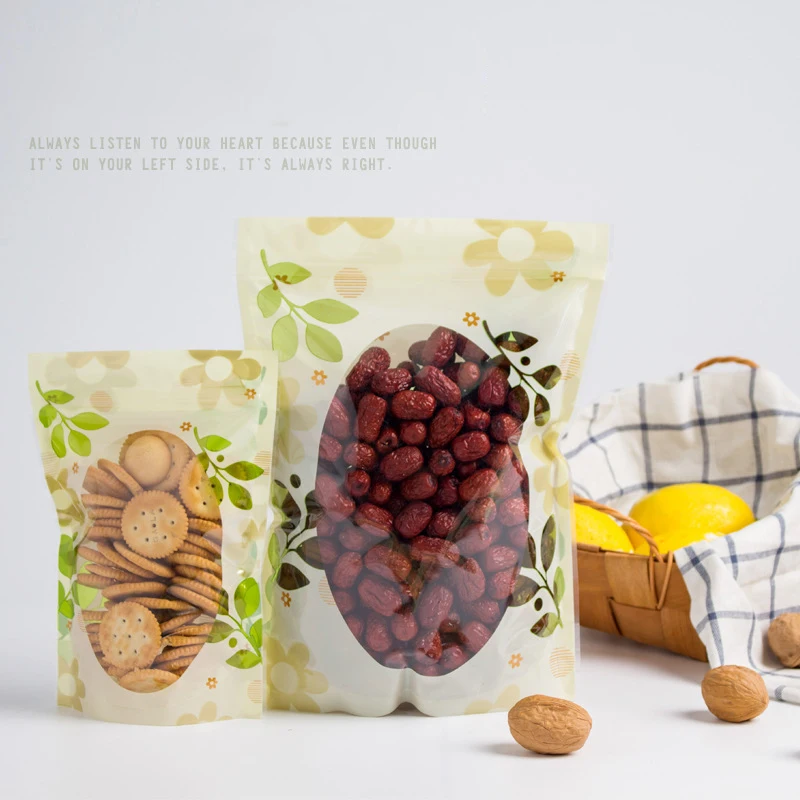 

500pcs/lot Green Leaf Printing Plastic Packaging Bag Ziplock Food Storage Bag Party Snacks Bags