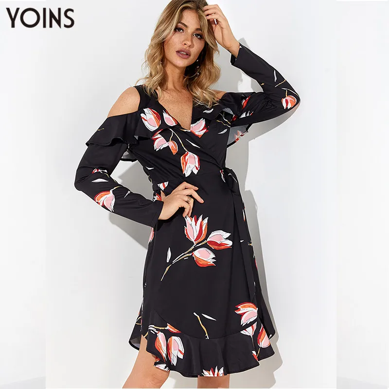 YOINS 2019 Лето Осень женское платье Винтажное черное с оборками и цветочными узором