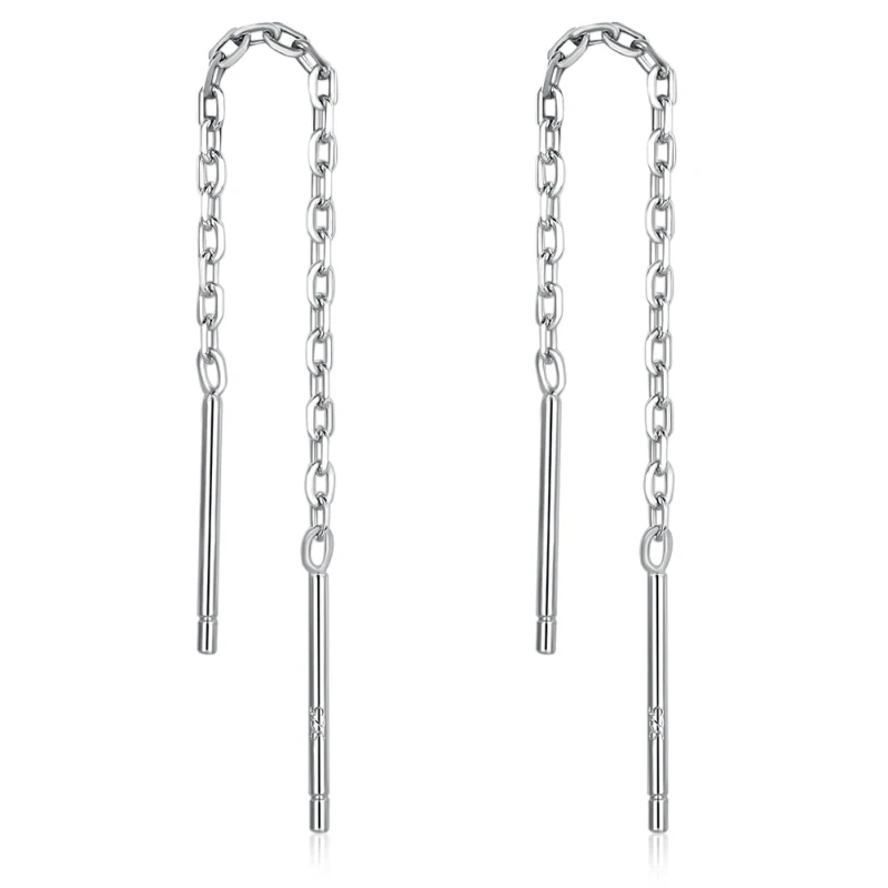 925 Sterling Silver Threader Through Cross Chain Drop Dangle Long Earrings For Women Girls Aros Party Jewelry boucles d'oreilles |