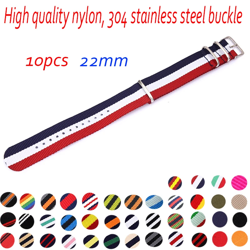 

Hot Wholesale 10pcs/lot Watchband 22MM Nylon Strap Nato Strap Waterproof Watch band -45 color available